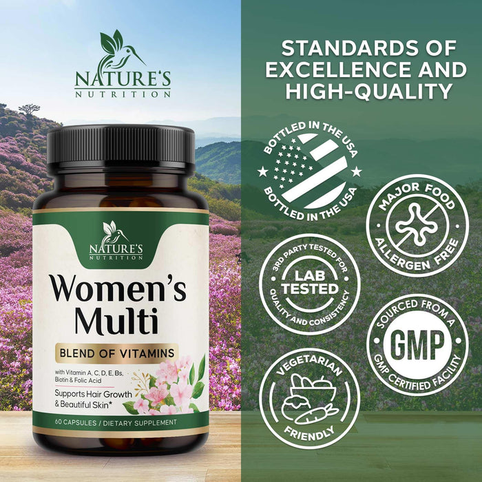 Multivitamin for Women with Vitamins A, C, D, E, B6, B12, Zinc, Calcium & Magnesium, Womens Daily Multi Vitamin Multimineral Supplement for Bone Health, Energy & Immune Support, Non-GMO - 60 Capsules