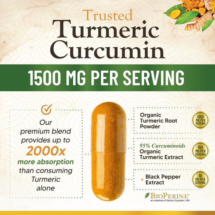 Turmeric Curcumin Supplement 1500mg - Organic Tumeric & BioPerine Black Pepper for Best Absorption with 95% Curcuminoids, Nature's Joint & Immune Support, Non-GMO, Bottled in USA
