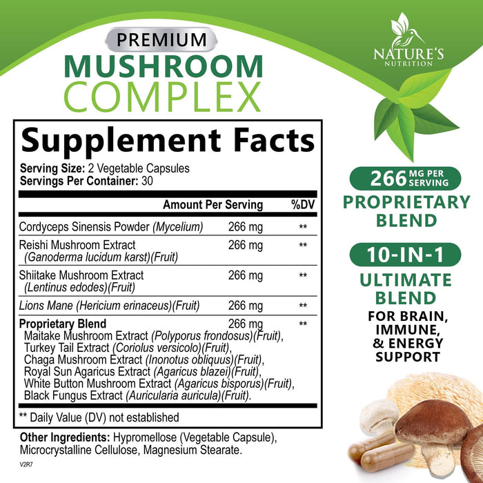 Mushroom Supplement Nootropic 1330mg - 10 in 1 High Strength Brain Supplements Mushroom Complex with Lions Mane, Turkey Tail, Reishi, Cordyceps & Chaga for Memory, Brain & Focus Support - 60 Capsules