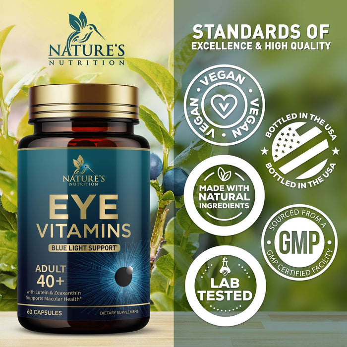 Eye Vitamins & Mineral Supplement - Contains Lutein, Zinc, Vitamins C, E & Zeaxanthin - Supports Eye Strain, Vision Macular Health & Dry Eyes for Seniors with Lycopene, Gluten Free - 60 Capsules