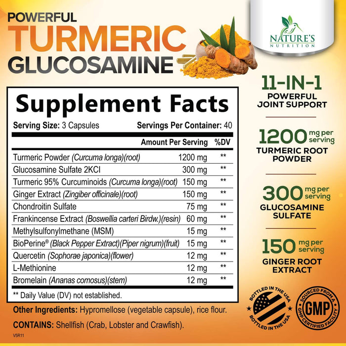 Turmeric Curcumin Supplement 2000mg with Glucosamine Chondroitin & Ginger, 95% Curcuminoids, BioPerine Black Pepper for Best Absorption, Nature's Joint Support, Non-GMO, Bottled in USA - 120 Capsules
