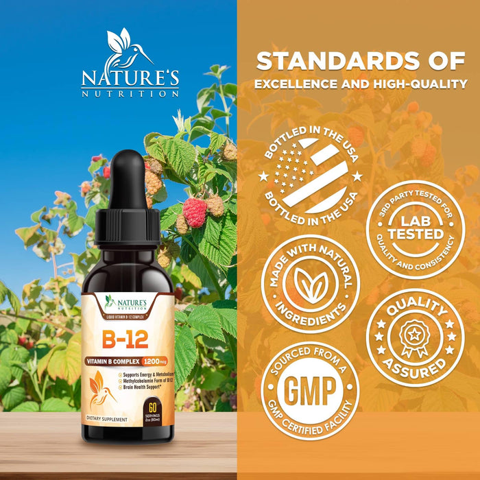 Vegan B-12 Vitamin Supplement Drops (Methylcobalamin) Extra Strength Super B Complex - Sublingual B12 Liquid for Immune Support, Heart Health & Cellular Energy Support, Raspberry Flavored - 2 Fl Oz