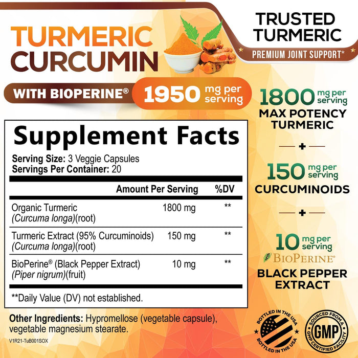 Turmeric Curcumin Supplement 1950mg - 95% Curcuminoids with Organic Turmeric & BioPerine Black Pepper Extract for Best Absorption, Nature's Vegan Joint Support, Non-GMO, Bottled in USA - 60 Capsules