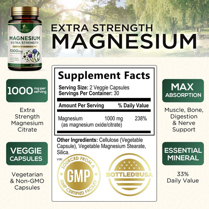 Magnesium Supplement (Citrate Oxide) 1000mg for Best Absorption, Supports Bone, Heart Health, Nerves, Muscles & Metabolism, Nature's Pure Magnesio Vitamin Pills, Bottled in USA, 60 Capsules