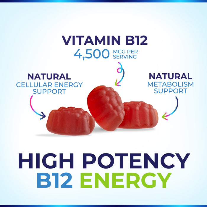B-12 Vitamin Energy Gummies - 4500mcg Extra Strength B12 Gummy Chewables for Energy Metabolism & Immune Support - Dietary Supplement for Women, Men, & Kids - Non-GMO, Vegan, Berry Flavor - 60 Count