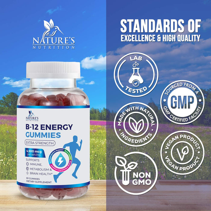B-12 Vitamin Energy Gummies - 4500mcg Extra Strength B12 Gummy Chewables for Energy Metabolism & Immune Support - Dietary Supplement for Women, Men, & Kids - Non-GMO, Vegan, Berry Flavor - 120 Count