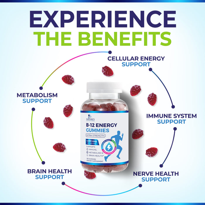 B-12 Vitamin Energy Gummies - 4500mcg Extra Strength B12 Gummy Chewables for Energy Metabolism & Immune Support - Dietary Supplement for Women, Men, & Kids - Non-GMO, Vegan, Berry Flavor - 120 Count