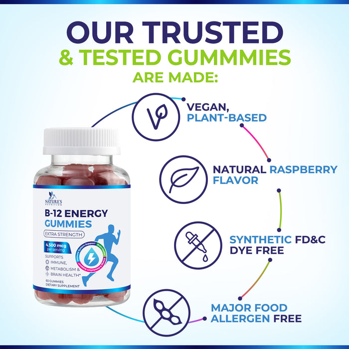 B-12 Vitamin Energy Gummies - 4500mcg Extra Strength B12 Gummy Chewables for Energy Metabolism & Immune Support - Dietary Supplement for Women, Men, & Kids - Non-GMO, Vegan, Berry Flavor - 60 Count