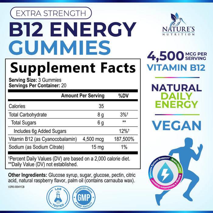 B-12 Vitamin Energy Gummies - 4500mcg Extra Strength B12 Gummy Chewables for Energy Metabolism & Immune Support - Dietary Supplement for Women, Men, & Kids - Non-GMO, Vegan, Berry Flavor - 60 Count