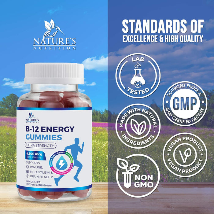 B-12 Vitamin Energy Gummies - 4500mcg Extra Strength B12 Gummy Chewables for Energy Metabolism & Immune Support - Dietary Supplement for Women, Men, & Kids - Non-GMO, Vegan, Berry Flavor - 60 Count