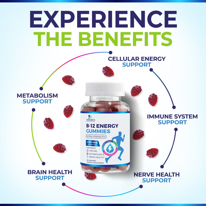 B-12 Vitamin Energy Gummies - 4500mcg Extra Strength B12 Gummy Chewables for Energy Metabolism & Immune Support - Dietary Supplement for Women, Men, & Kids - Non-GMO, Vegan, Berry Flavor - 60 Count